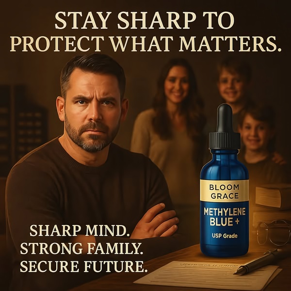 A high-contrast, emotionally charged ad for a Methylene Blue supplement featuring a father figure and his family.